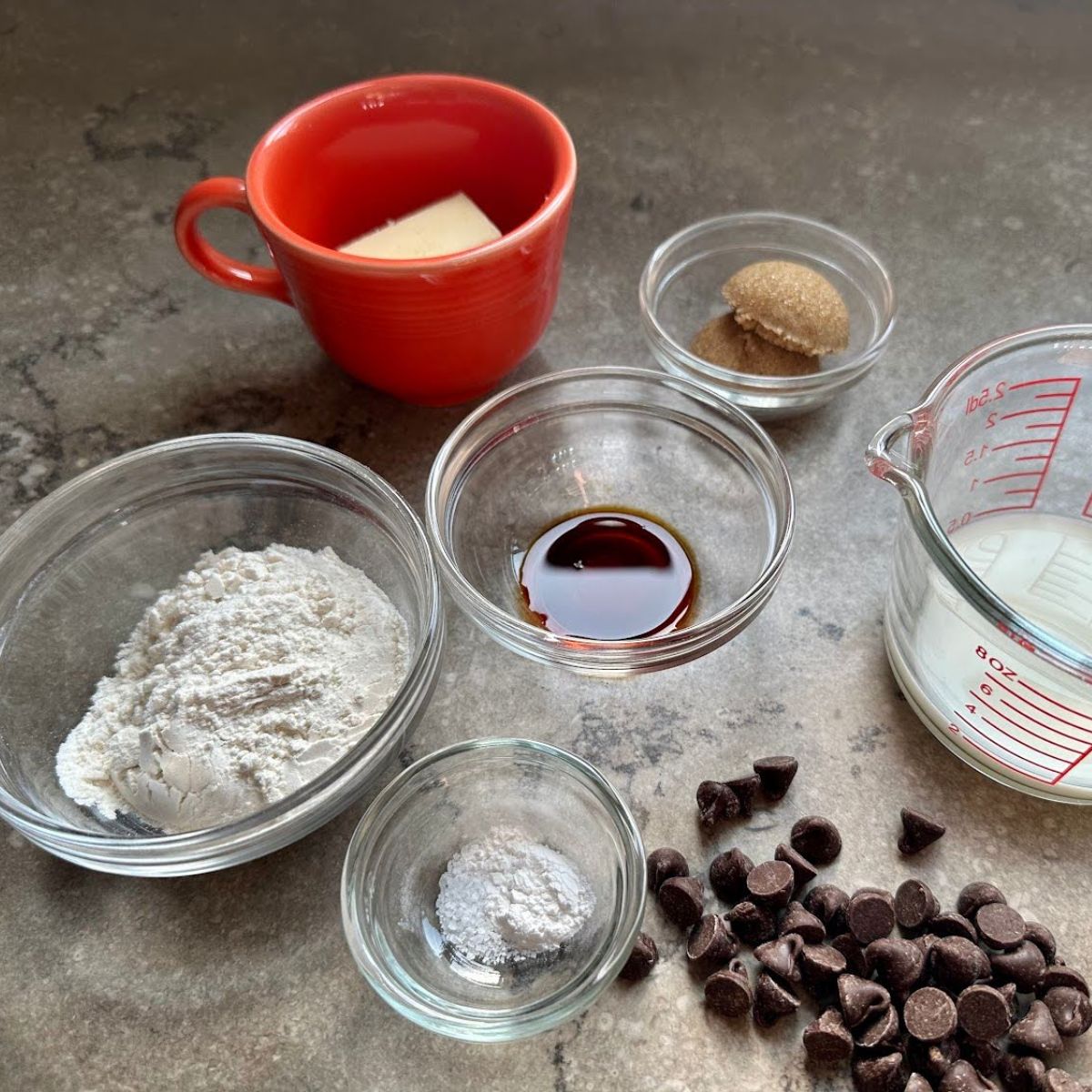 Ingredients for Chocolate Chip Mug Cake.