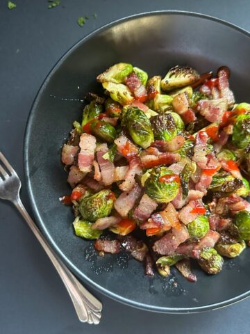 Air Fried Honey Sriracha Brussels Sprouts on a plate.