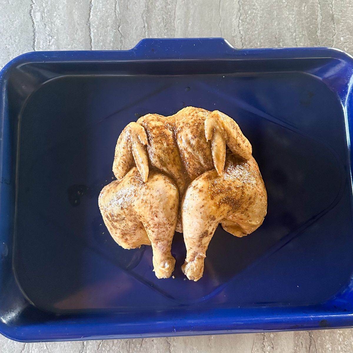 Cooked chicken on roasting pan. 