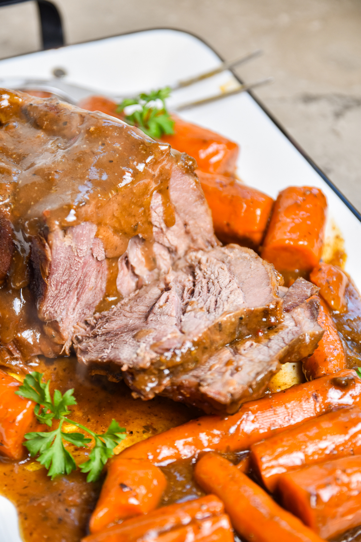 Sliced seasoned pot roast.
