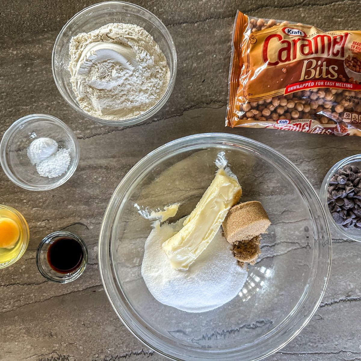 Ingredients for Caramel Chocolate Chip Cookies.