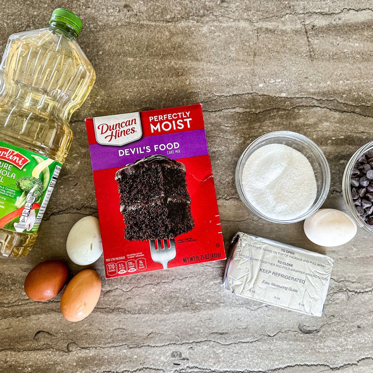 Ingredients for Chocolate Cake with Cream Cheese Filling.