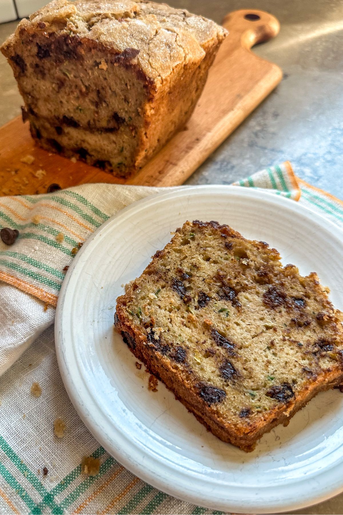 Zucchini Bread with chocolate chips on a plate. 
