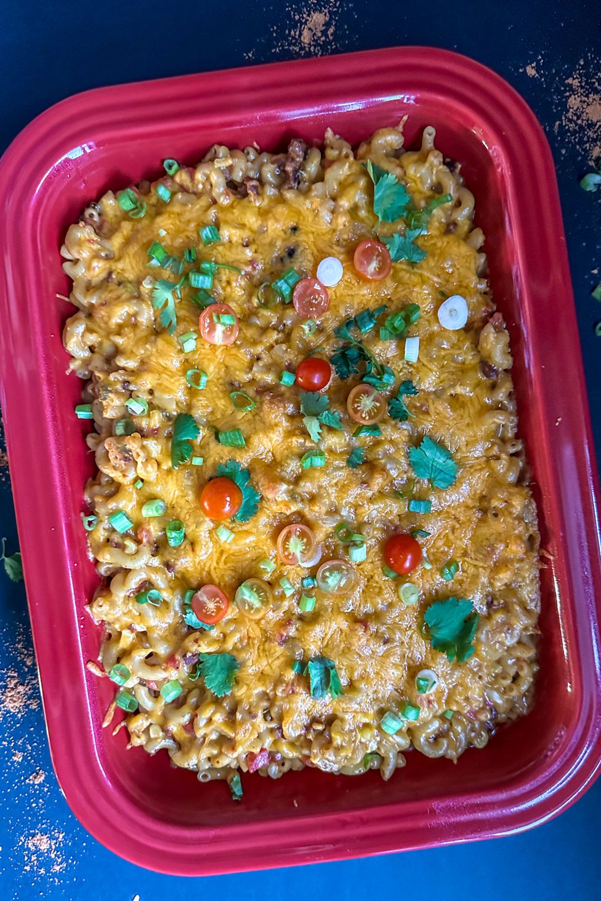 Finished Mexi Mac and Cheese in a baking dish.