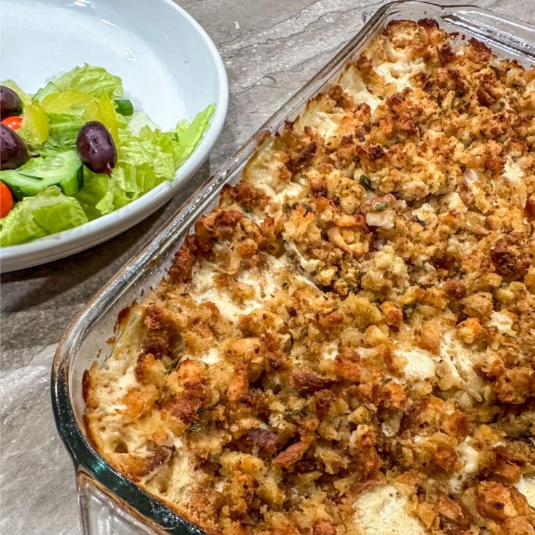 Finished dish of Rotisserie Chicken and Stuffing Casserole