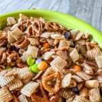 Bowl of Sweet and Salty Snack Mix with M&Ms.