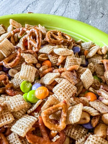 Bowl of Sweet and Salty Snack Mix with M&Ms.