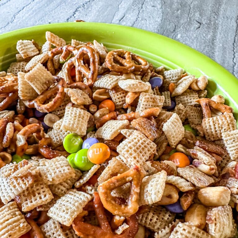 Bowl of Sweet and Salty Snack Mix with M&Ms.