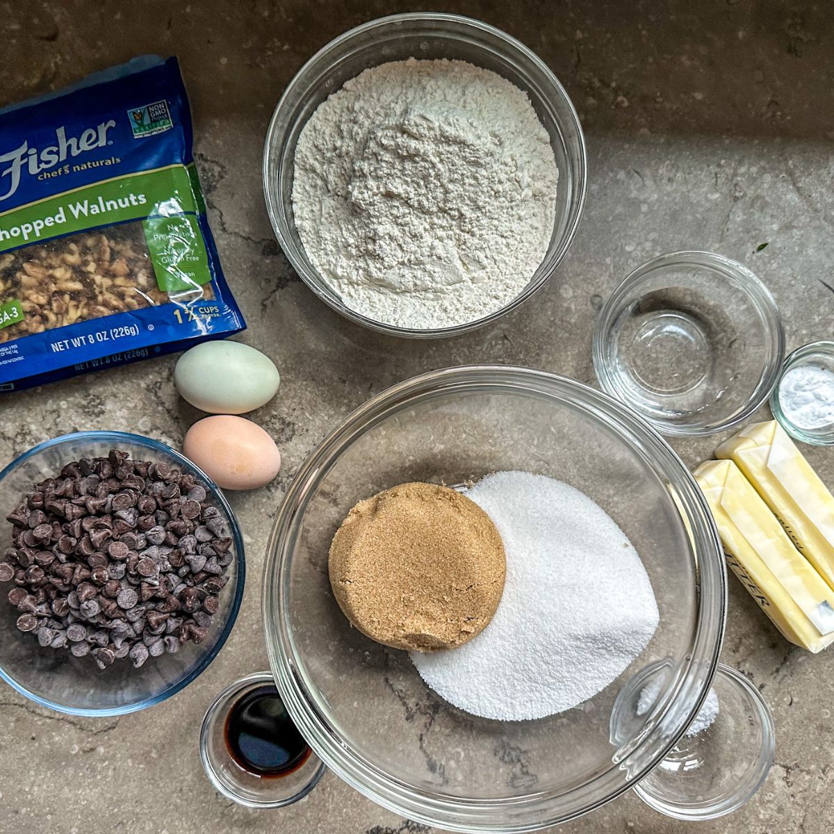 Ingredients for chocolate chip walnut cookies.