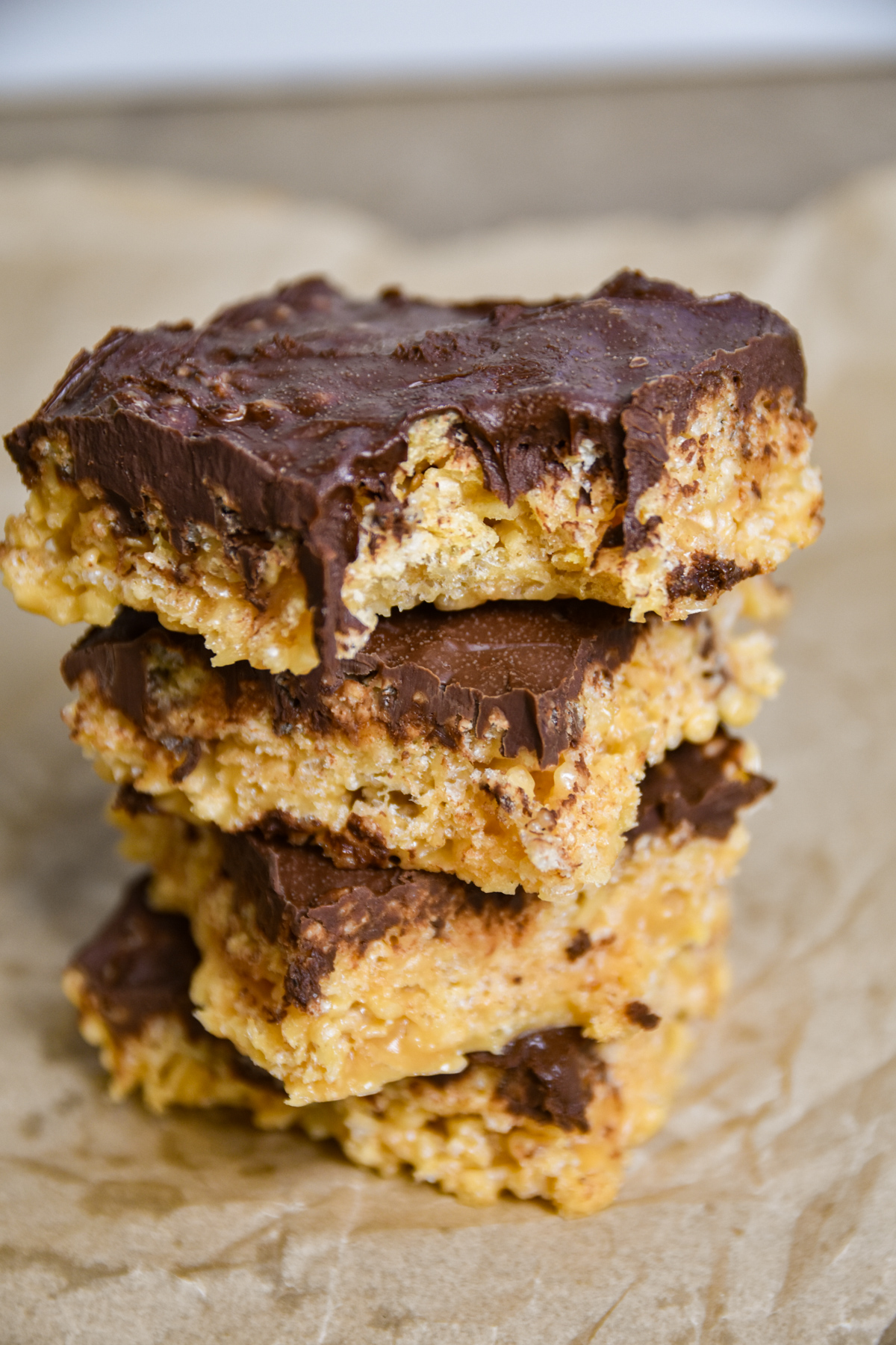 Completed-Chocolate-Peanut-Butter-Rice-Krispie-Treats Stack of chocolate peanut butter rice krispie treats.