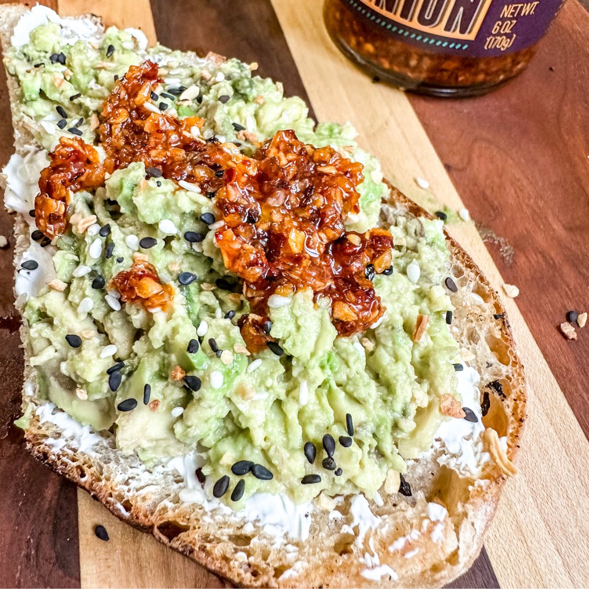 avocado toast with cream cheese being served.