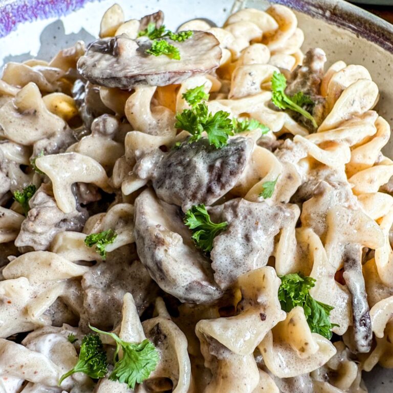 serving hamburger helper stroganoff with mushrooms.