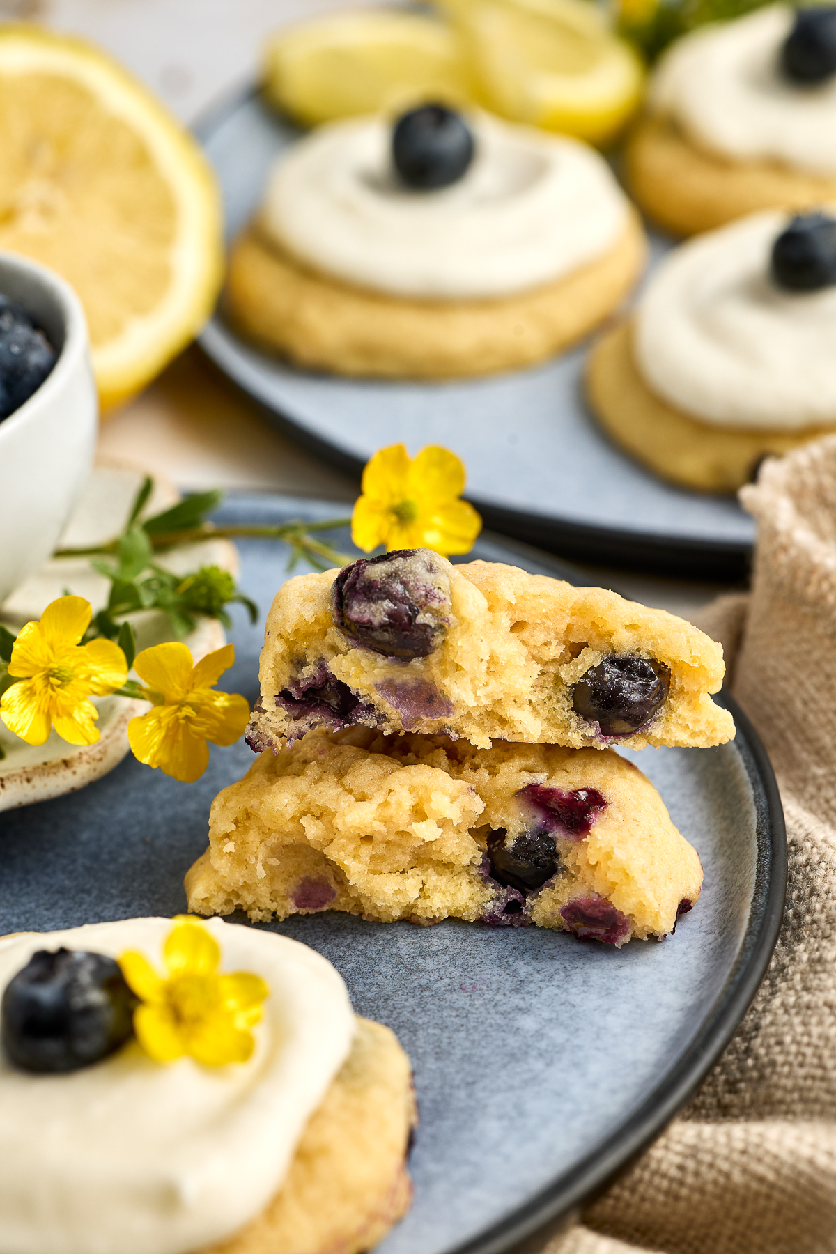 Lemon-blueberry-sugar-cookies-served-on-a-blue-plate Lemon blueberry sugar cookie split in half and ready to eat!