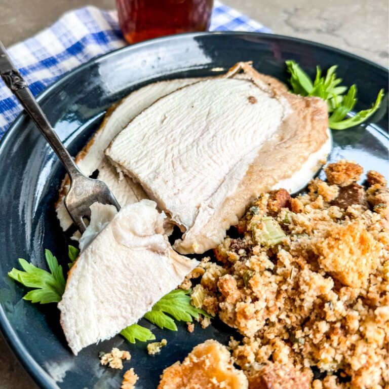 Sweet tea-brined turkey breast served with stuffing.