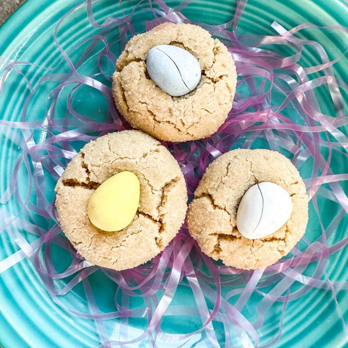 Serving-the-cadbury-mini-egg-cookies-to-my-guest Cadbury egg mini cookies served on a robin egg blue plate.