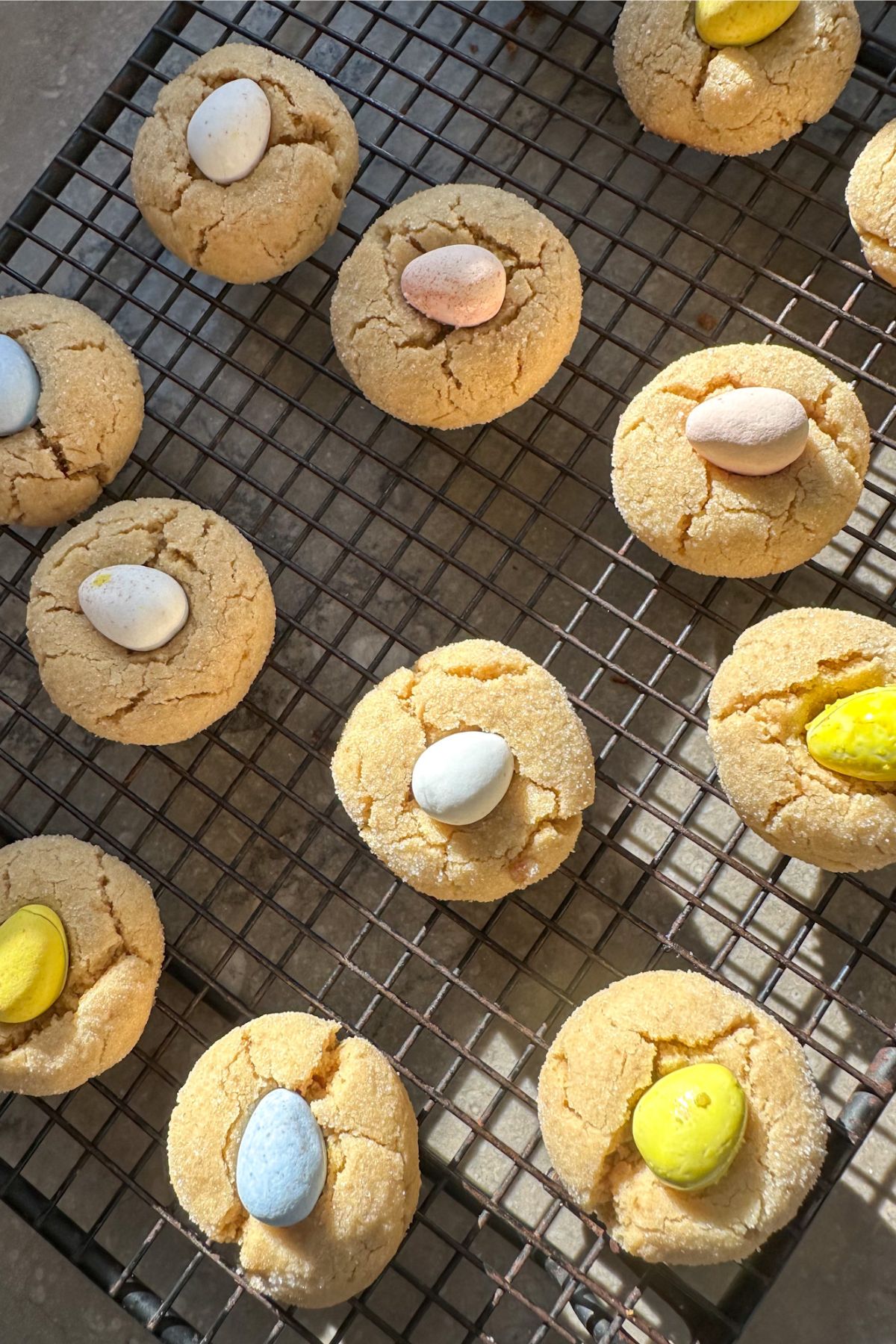 Cadbury mini egg cookies on the cooling rack.