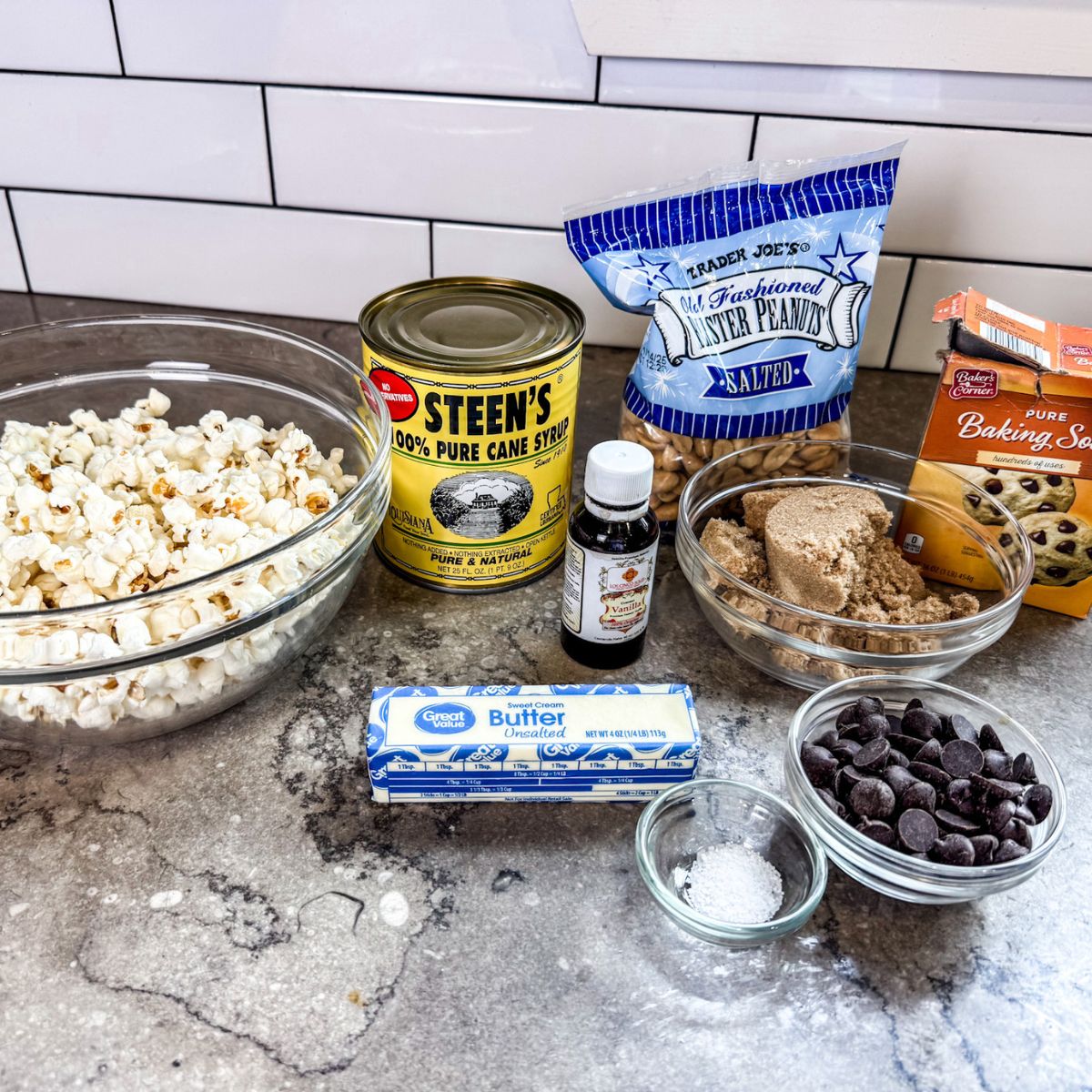 Ingredients you will need to make chocolate drizzled caramel corn.