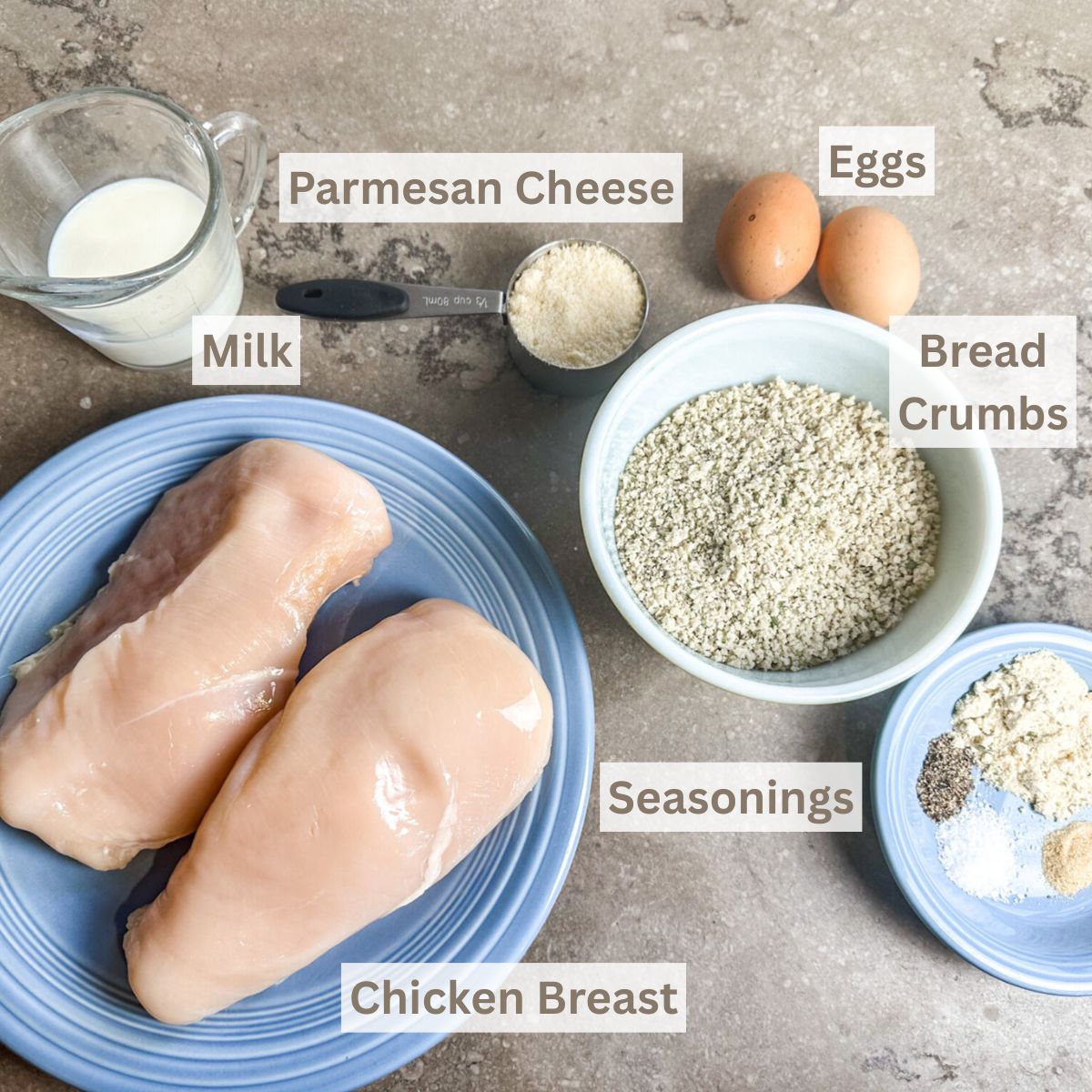 Ingredients needed to make the air fryer parmesan crusted chicken.