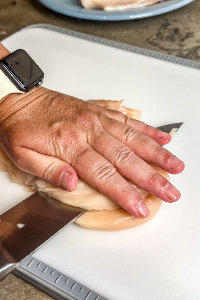 Butterfly your chicken breast in half for a tender piece of chicken.