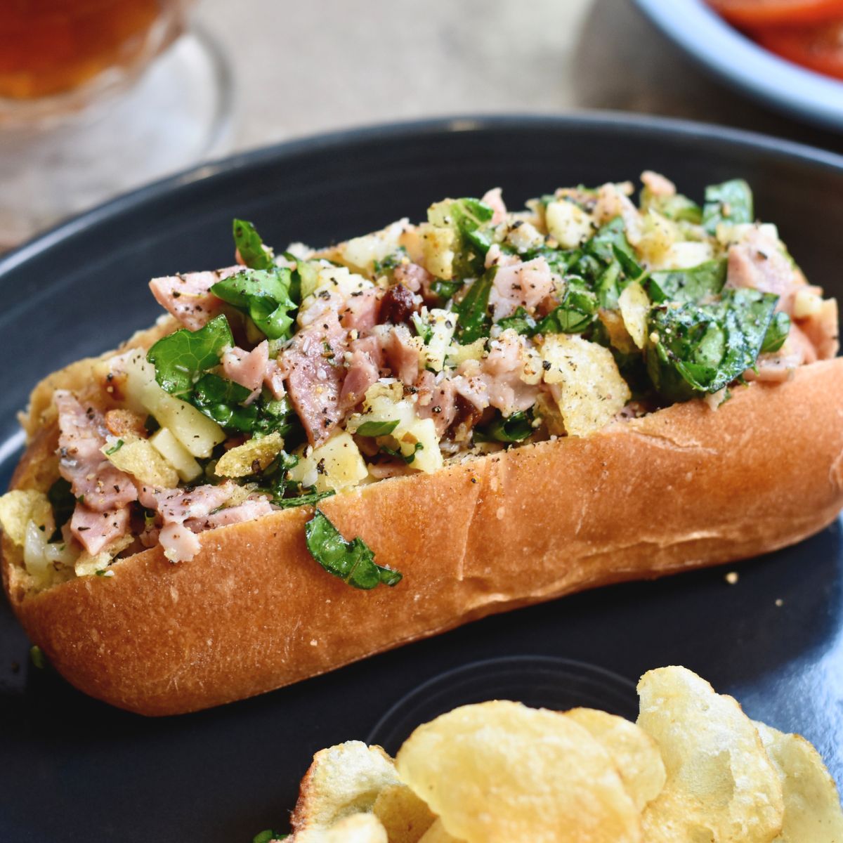 ready-to-eat-chopped-Italian-sandwich Ready-to-eat chopped Italian sandwich served with kettle chips.