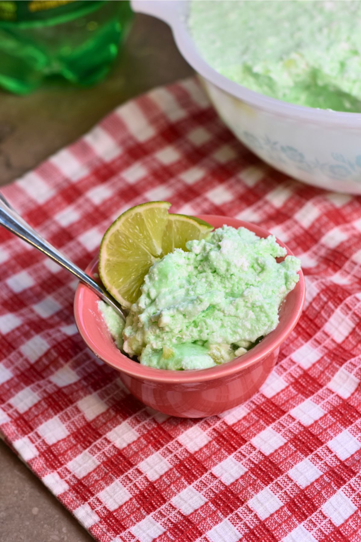 lime-7-up-salad Serving the jello salad on a red checkered towel.