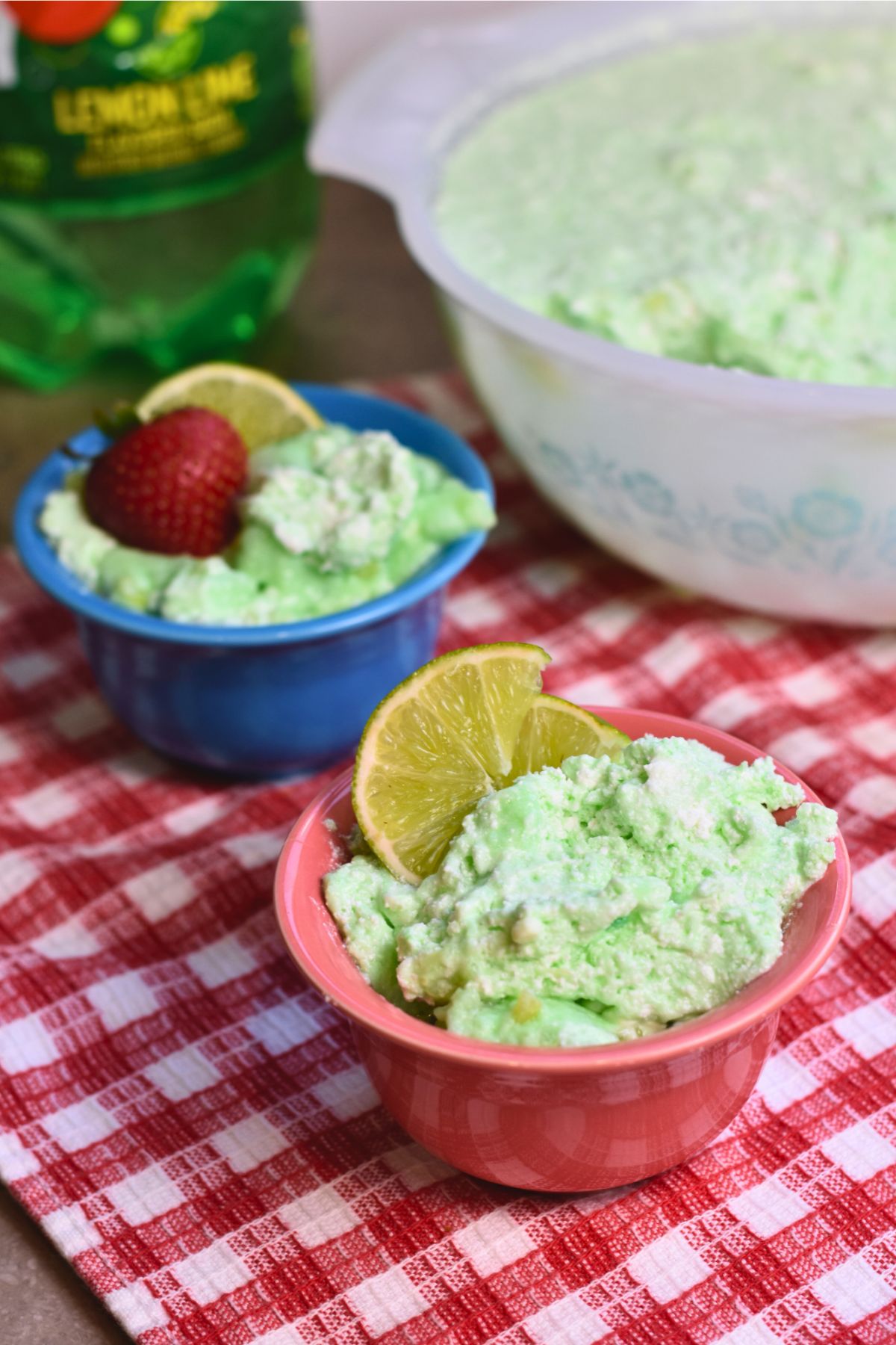 whipped-cream-7-up-salad 7UP jello salad served with limes on top.