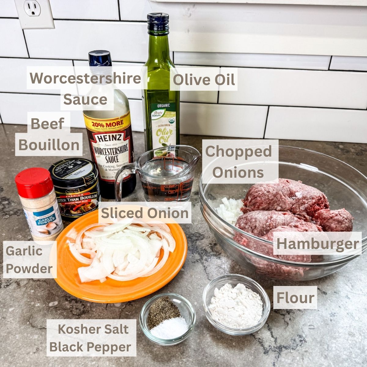 ingredients-needed-to-make-oven-baked-hamburger-steaks Ingredients needed to make this vintage hamburger steak recipe.