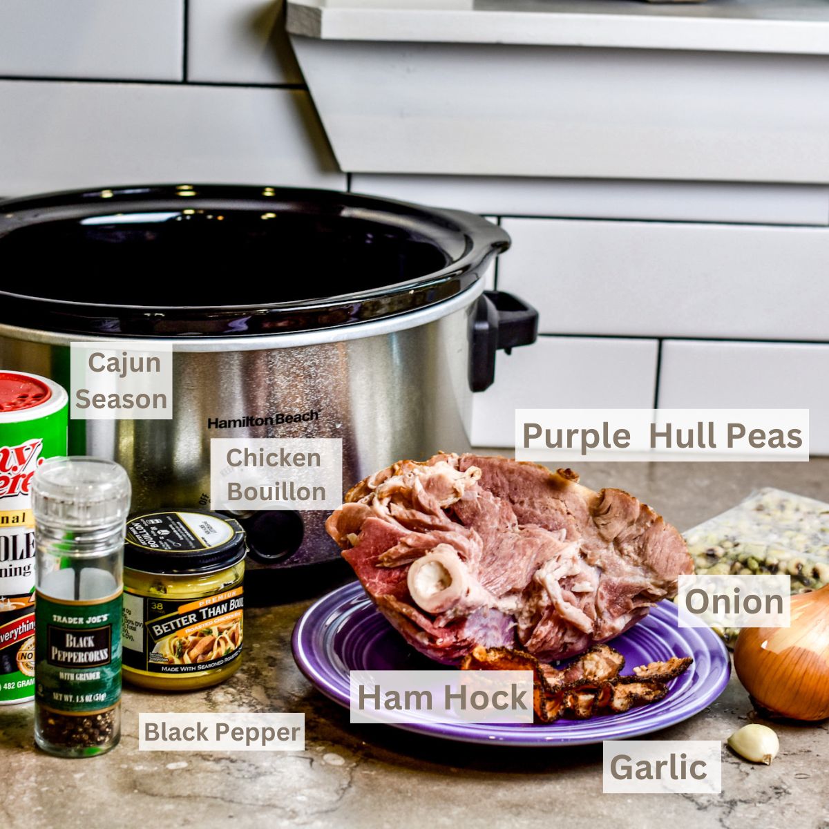 ingredients-needed-to-purple-hull-peas Ingredients needed to make purple hull peas in the crock pot.