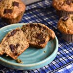 finished banana muffins served on a blue plate.