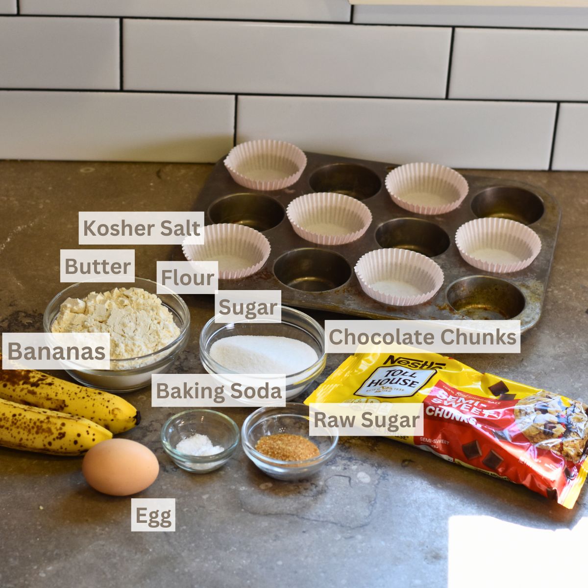 ingredients-you-will-need-for-the-banana-muffins-with-chocolate-chunks Ingredients needed for chocolate chunk banana muffins.