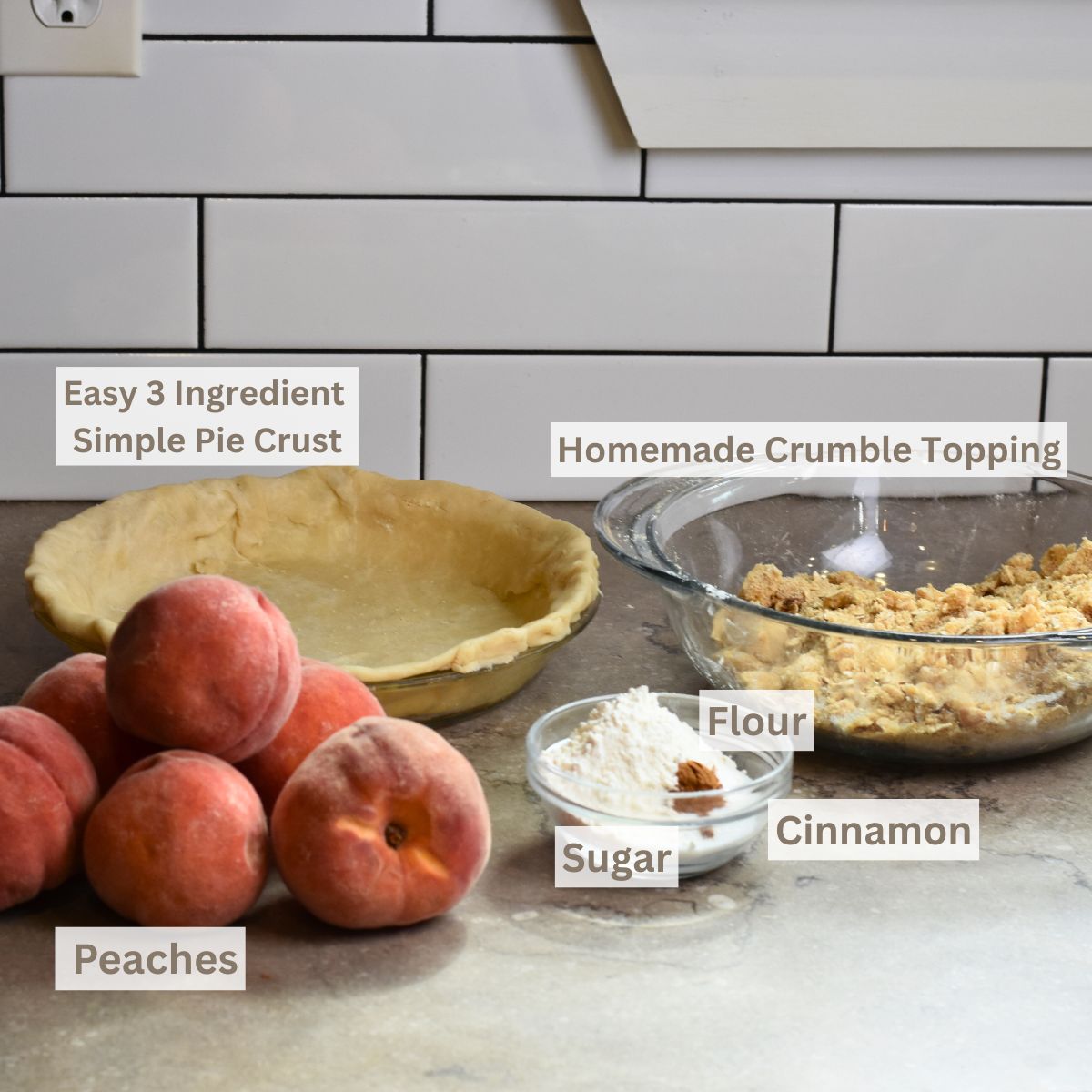 ingredients-needed-to-make-this-peach-pie Ingredients needed to make the peach pie with crumble topping.