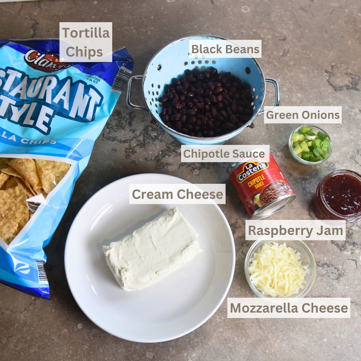 ingredients needed to make the raspberry chipotle dip.