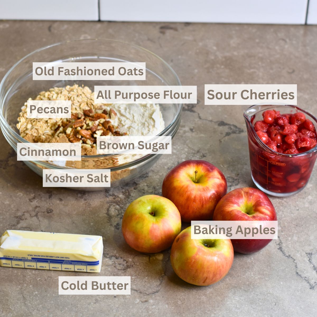 ingredients needed to make apple and cherry crumble.