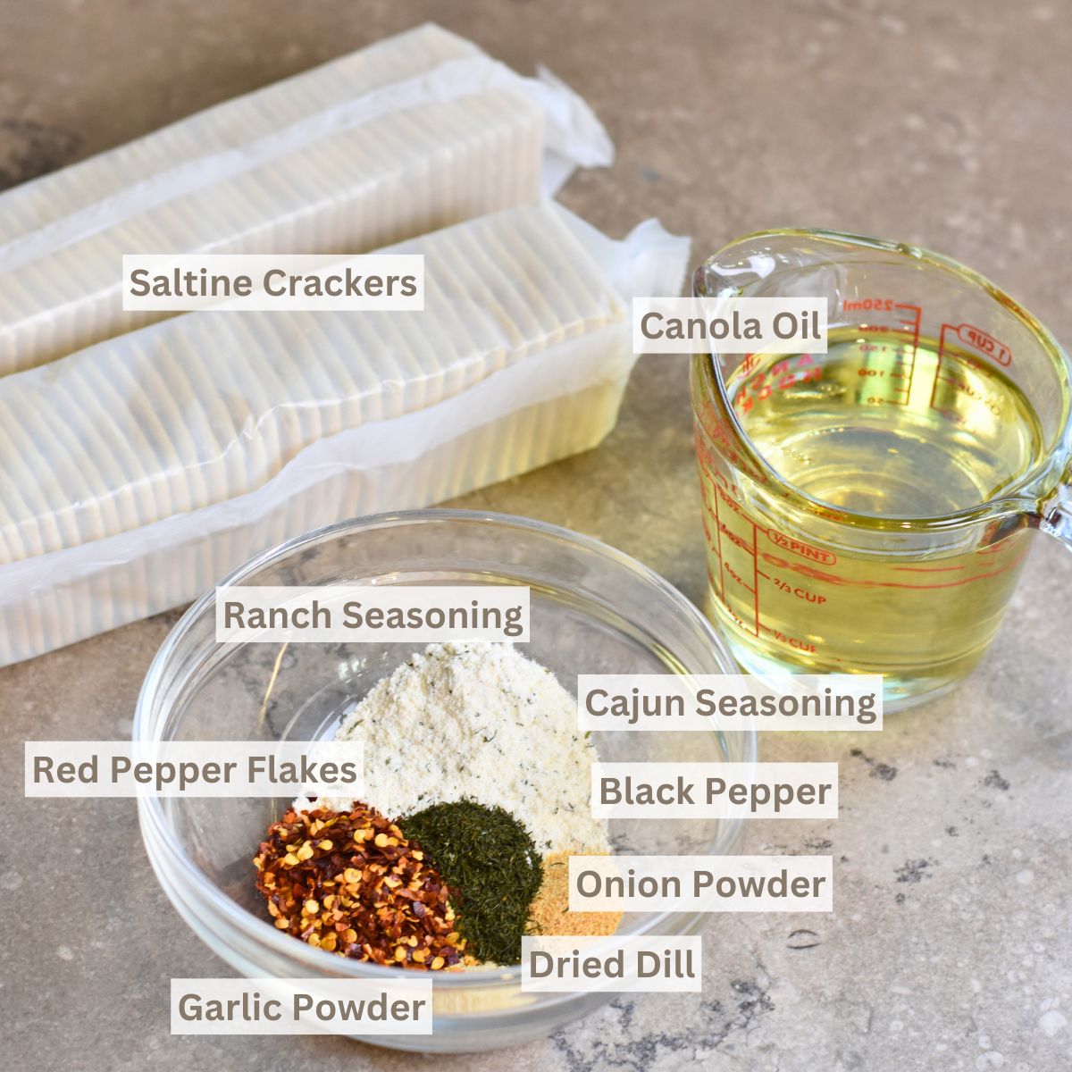 Ingredients-for-the-perfect-party-snack Ingredients needed to make Cajun Crackers.