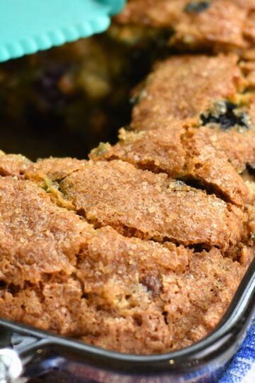 Blueberry banana bread with raw sugar on top.
