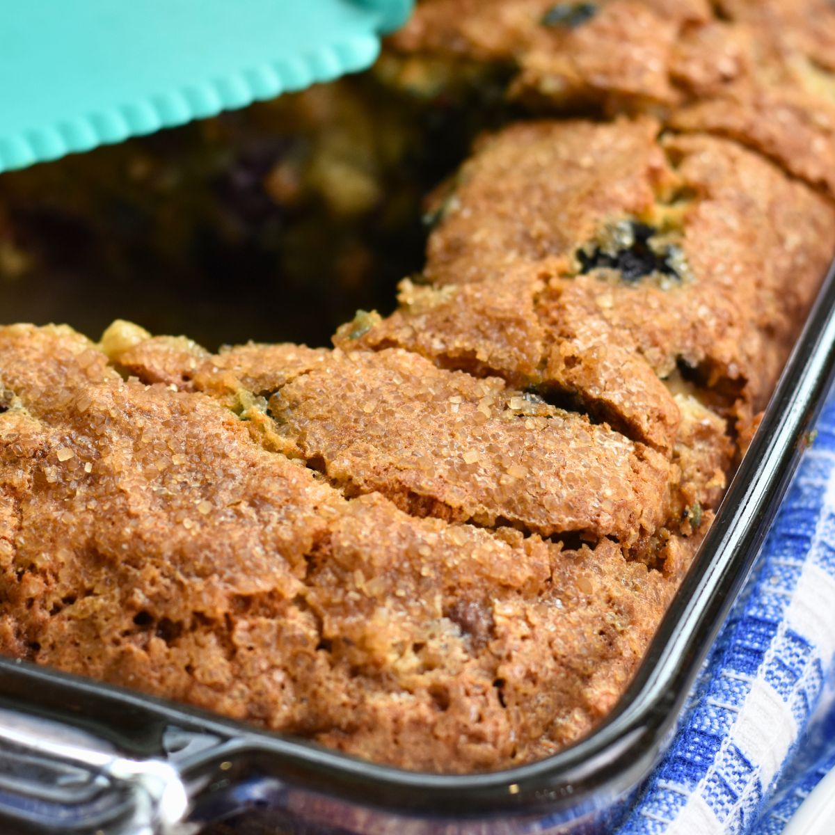 blueberry-bread-milk Blueberry banana bread with raw sugar on top.