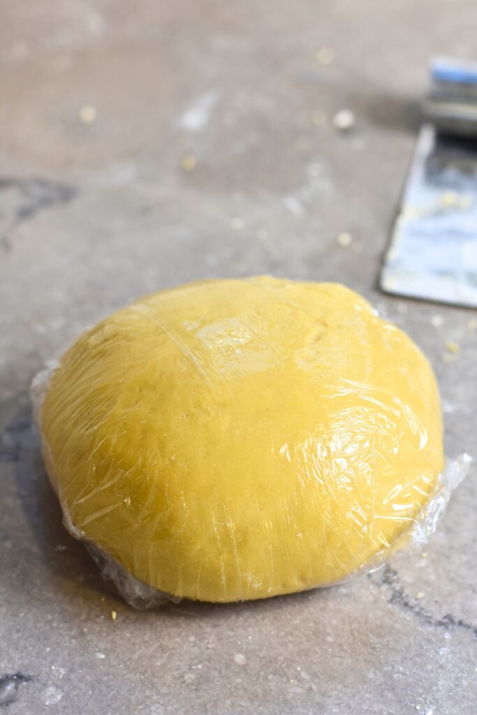 Cover-the-pasta-dough-and-let-it-rest-for-10-minutes Cover with plastic wrap and allow the dough to rest.