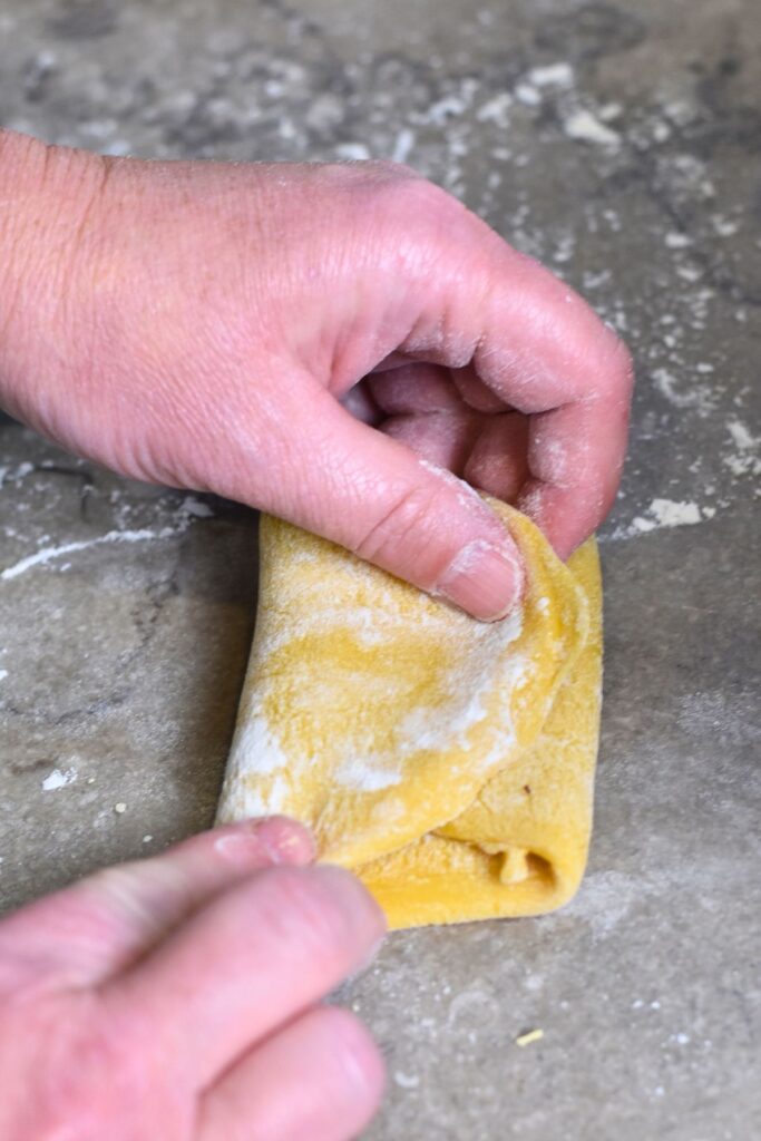 fold-the-dough-into-the-thirds-and-put-back-into-your-pasta-machine Fold the dough into thirds.