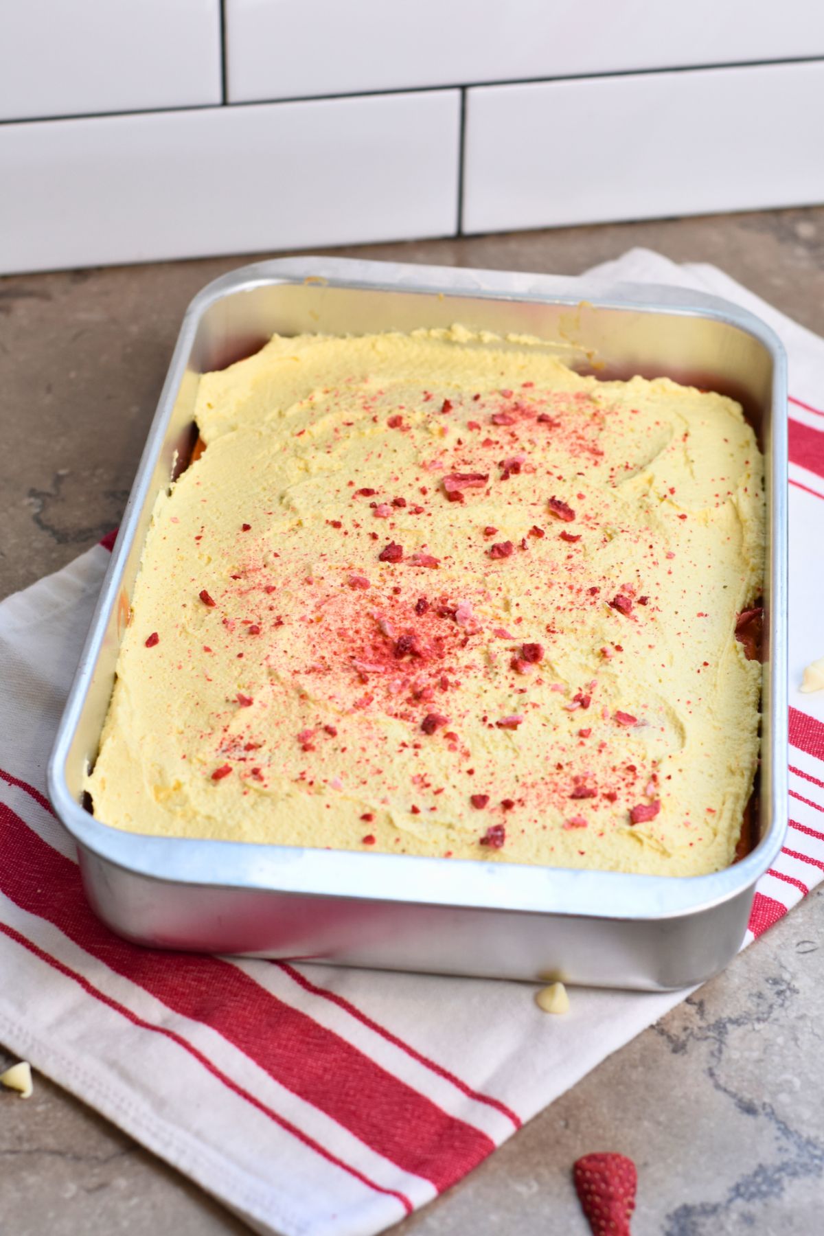 Frosted-strawberry-cake Strawberry Cake in 9x13 aluminum pan.