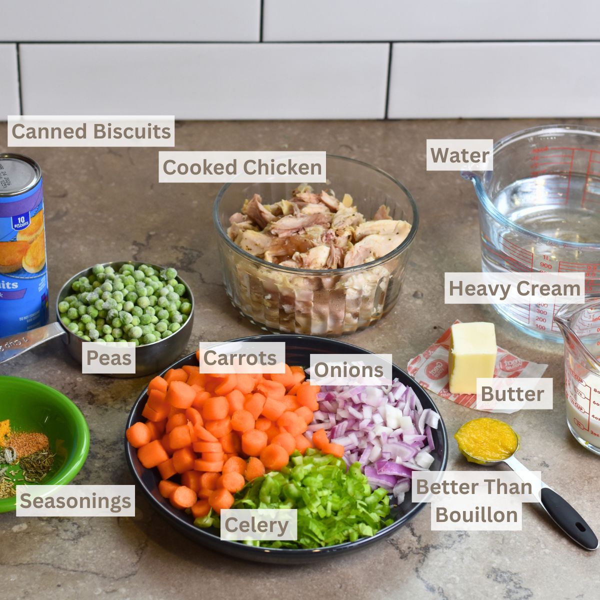 ingredients-needed-to-make-chicken-biscuit-casserole Ingredients needed to make chicken biscuit casserole.
