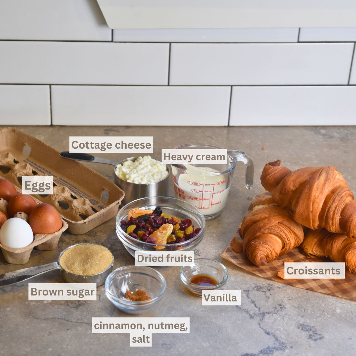ingredinets-needed-to-make-croissant-breakfast-casserole Ingredients needed for croissant breakfast casserole.