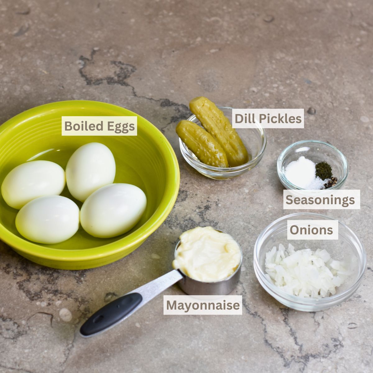 Ingredients-needed-to-make-egg-salad-with-dill-pickles ingredients needed to make dill pickle egg salad.