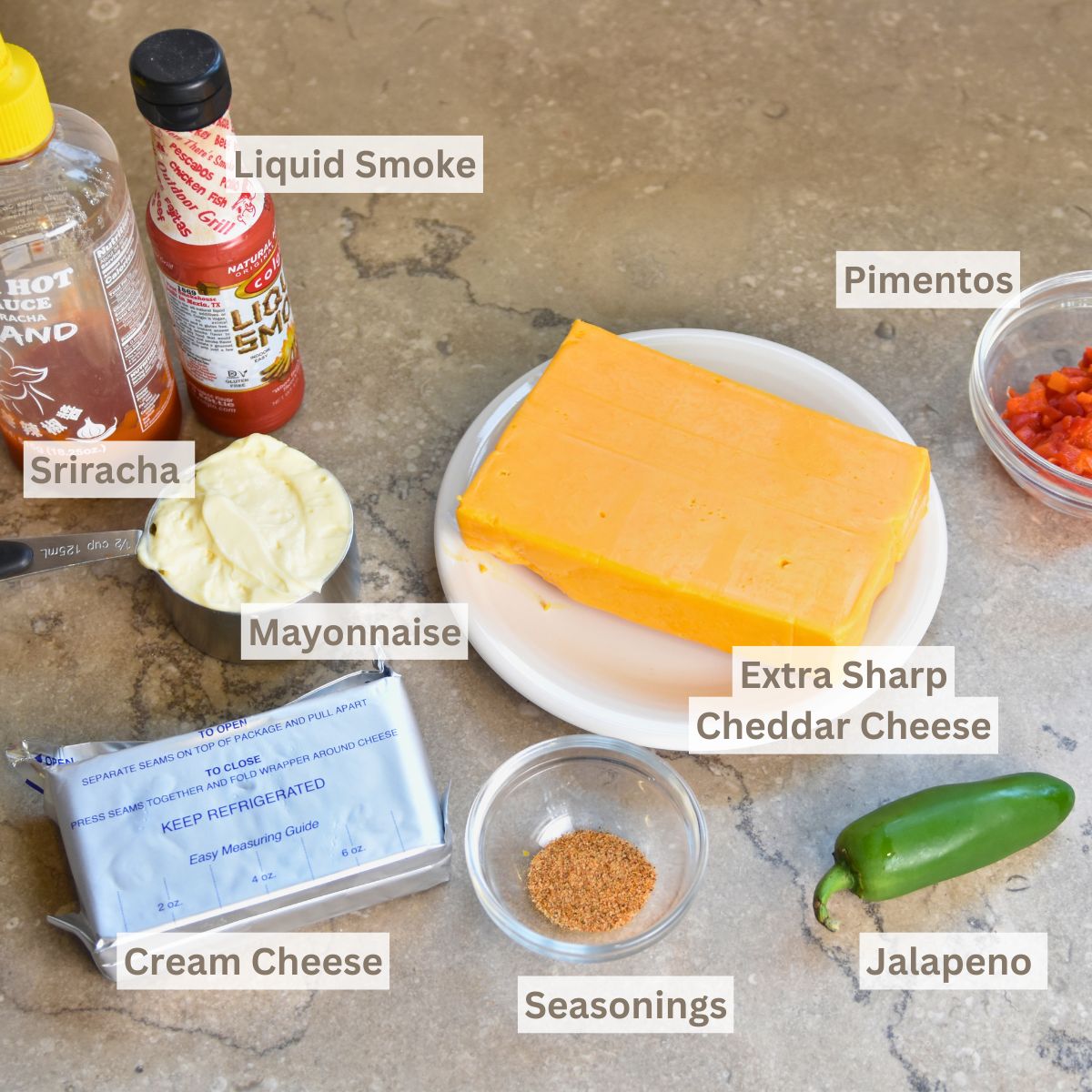 ingredients-needed-to-make-this-jalapeno-pimento-cheese-spread Ingredients needed to make pimento cheese spread.