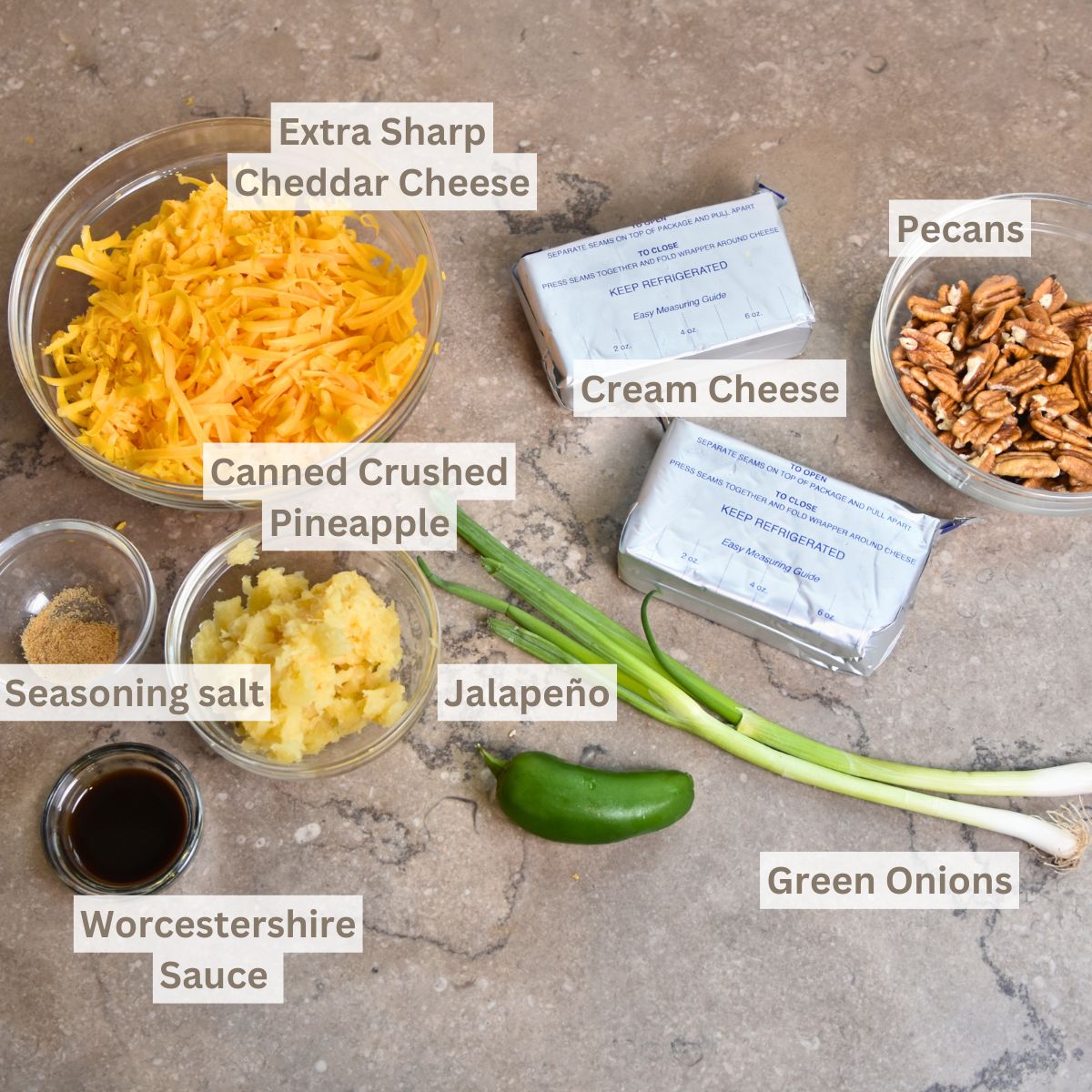 ingredients-needed-to-make-this-pineapple-cheese-ball-at-home Ingredients for the pineapple cheese ball.
