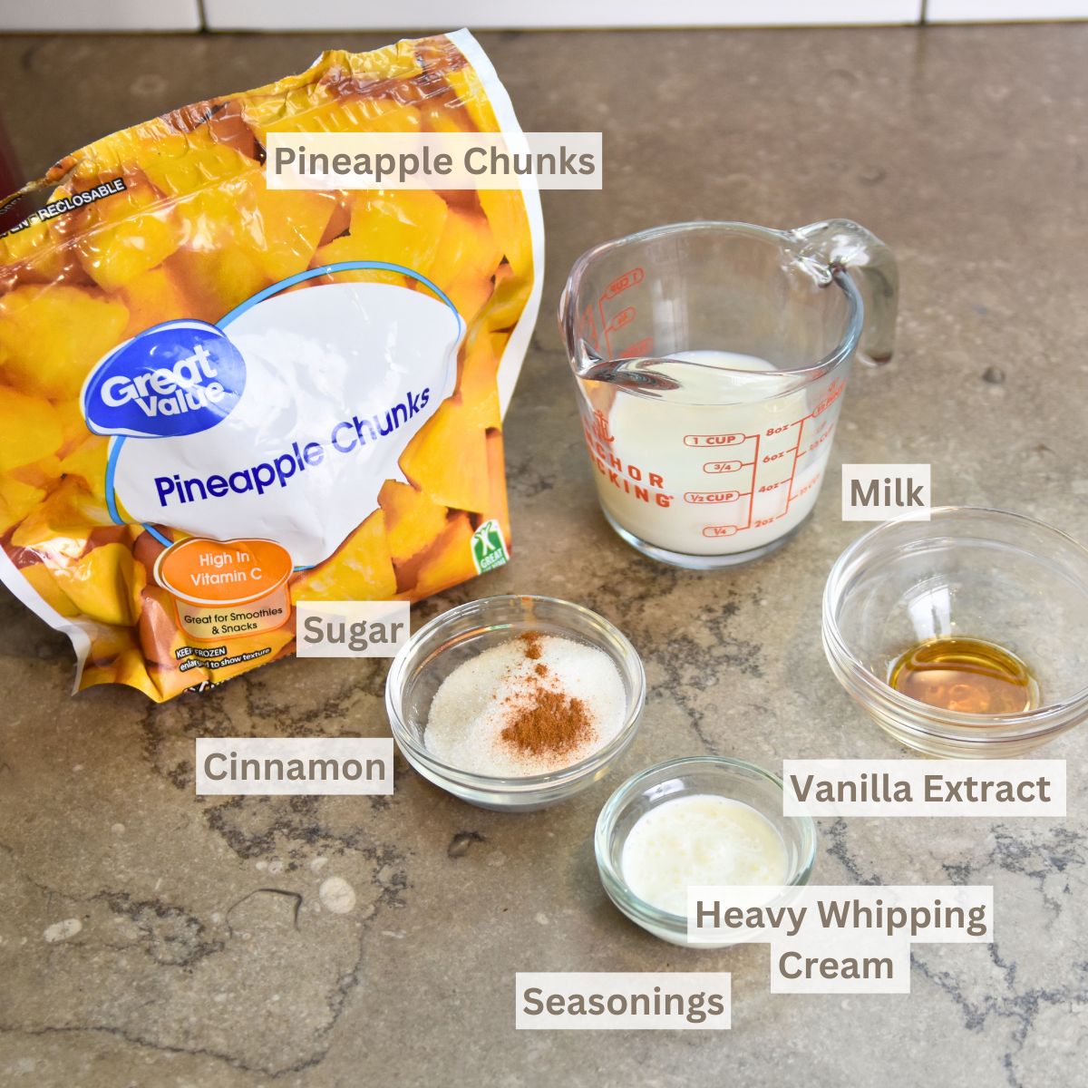 Ingredients-for-a-pineapple-slushy Ingredients needed to make a pineapple slushy.