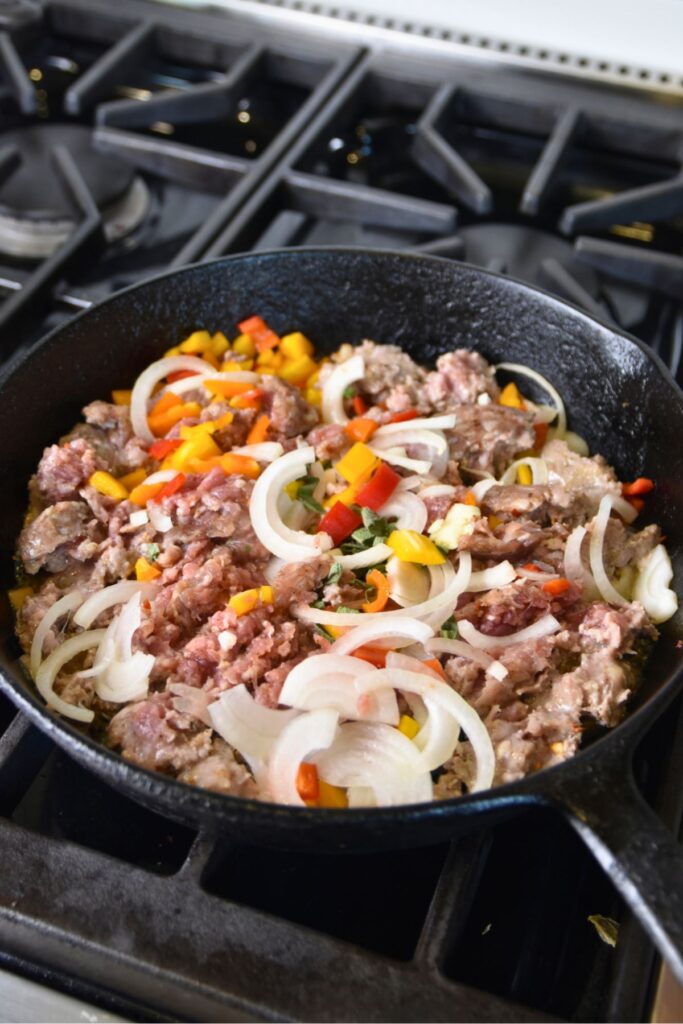 browning-the-breakfast-sausage-in-a-skillet Brown the breakfast sausage in a skillet.
