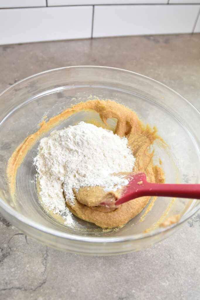 Add-the-flour-into-the-cookie-dough-and-mix-until-well-combined Mix the flour in with the cookie butter dough.
