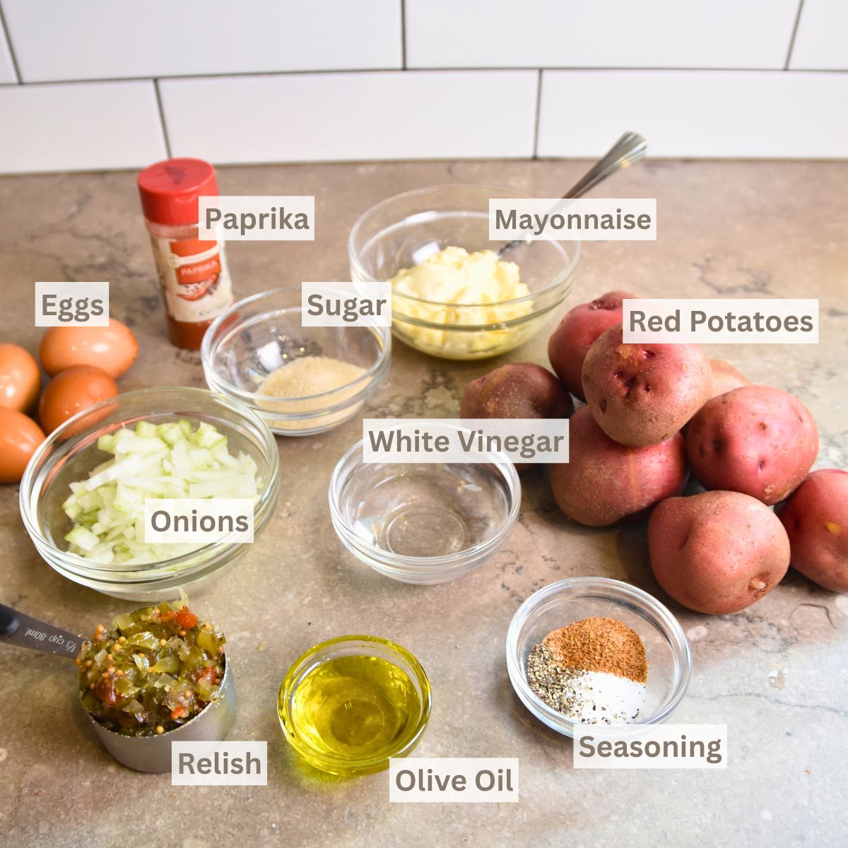 Ingredients-you-will-need-to-make-red-potato-salad Ingredients needed to make potato salad with red potatoes.