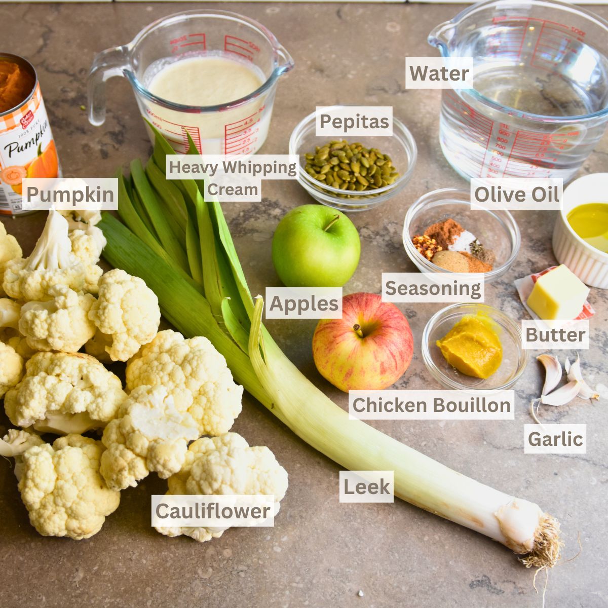 Ingredients-you-will-need-to-make-cauliflower-soup Ingredients needed to make pumpkin cauliflower soup.