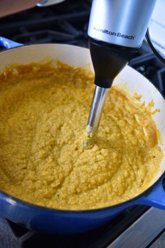 blend-until-creamy-and-well-combined Use an immersion blender to blend the soup.